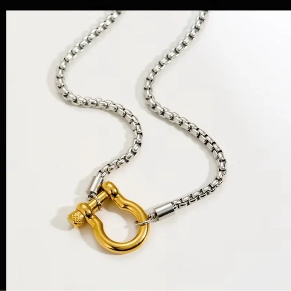 Gold Buckle Pendant Silver Chunky Stainless Steel Necklace - Picture 3 of 6